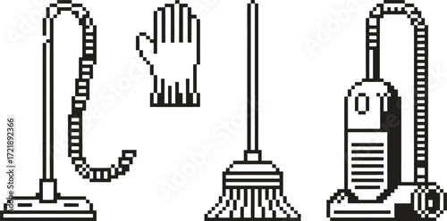 Collection of cleaning tools including a vacuum cleaner broom and glove
