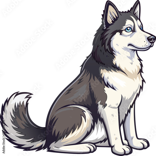 Cartoon husky dog sitting with blue eyes 