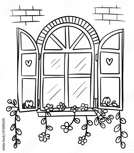 Charming Open Window with Floral Details A Sketchy Illustration