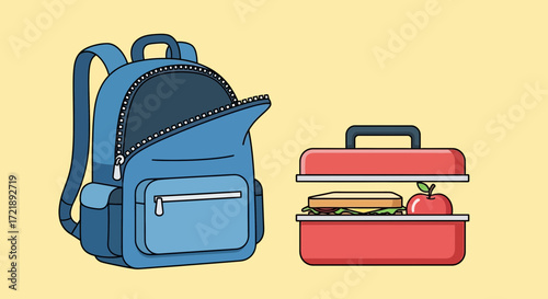 Packed lunch concept with a school bag and a lunch container filled with a healthy sandwich and fruit. Flat design vector illustration for education or lifestyle