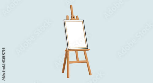 Wooden tripod easel with a blank white canvas, a versatile tool for office presentations, business advertising, or creative art projects. Vector illustration