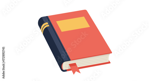 Classic red hardcover book with a bookmark, depicted as a flat design icon for learning, literature, and office supplies