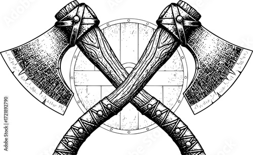 Two Crossed Axes in Detailed Black and White Engraved Style Illustration

