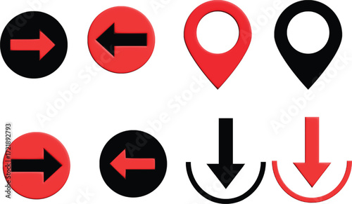 Set of arrow symbols and navigation icons in black and red, including direction indicators, map markers, and location pointers for user interface, signs, and infographic design.