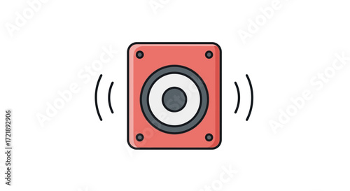 Minimalist red speaker icon with radiating sound waves, symbolizing audio output, music playback, or notification alerts in a digital interface or application design