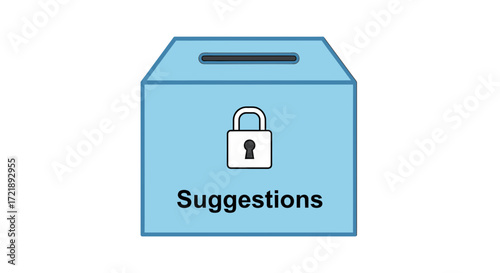 Illustration of a secure blue suggestion box with a padlock for private and anonymous feedback