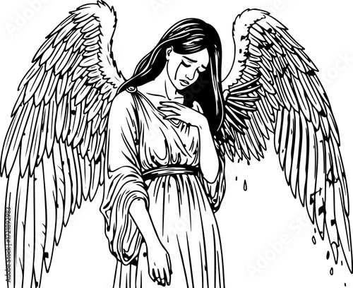 Crying angel with large wings on white background