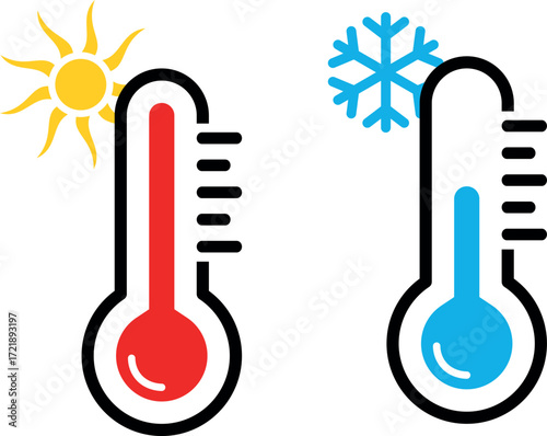 Two thermometers showing hot and cold temperatures with sun and snowflake icons