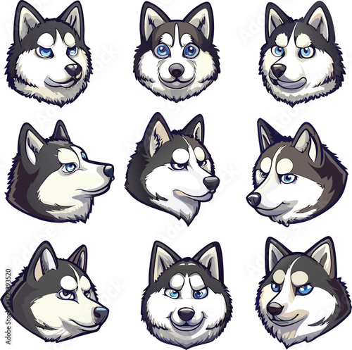 Nine cartoon husky dog faces with different expressions