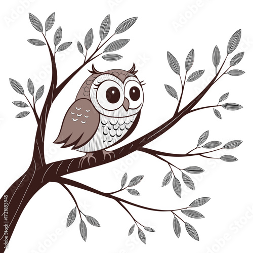 Vector art illustration of a cute owl perched on a branch with transparent background, SVG format.