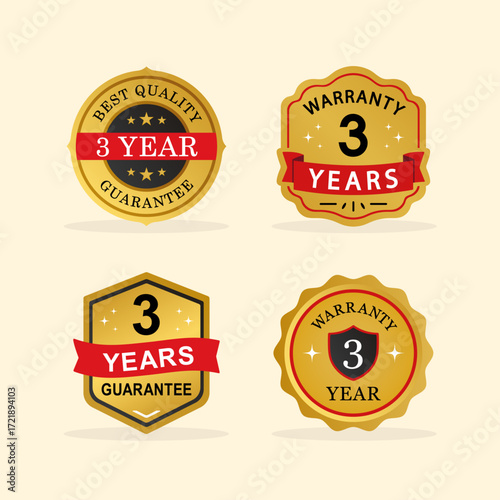 Premium 3-Year Warranty & Guarantee Badge Seal Design in Gold and Red Ribbon