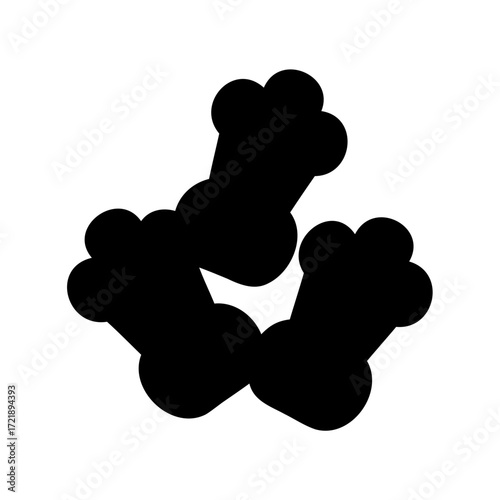 Pile of three black and white cartoon stylized dog bone food icons
