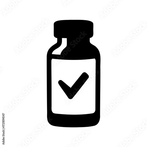 Black and white icon of a bottle with a check mark symbol