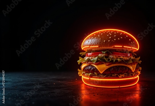 Vibrant neon burger glowing with cheese, lettuce, tomato on dark background
