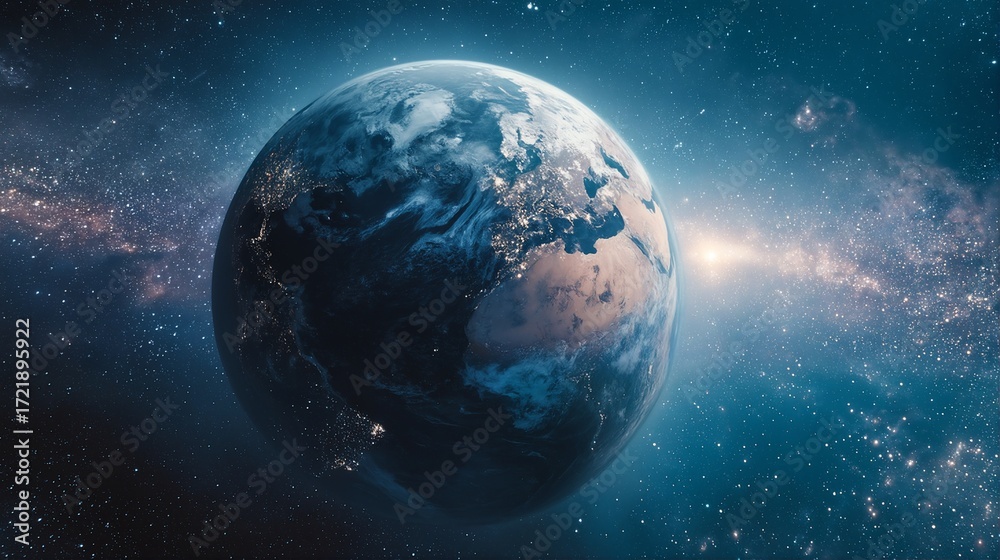 Fototapeta premium a stunning view of earth at night illuminated by city lights, set against the backdrop of a vibrant and expansive milky way galaxy.