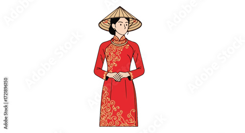 Illustration of a Vietnamese woman in traditional red Ao Dai dress and conical hat