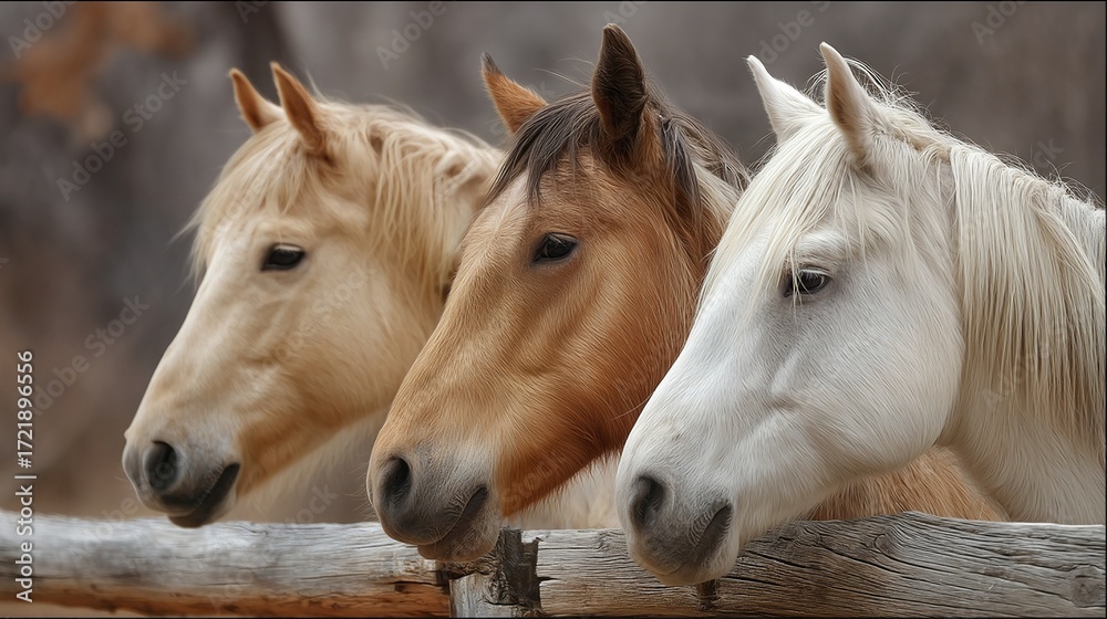 Obraz premium three horses of varying shades?��palomino, sorrel, and white?��peek over a rustic wooden fence with gentle curiosity.