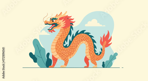 Majestic Mythical Oriental Dragon Illustration in a Dynamic Vector Art Style, Symbolizing Power, Fortune, and Cultural Heritage