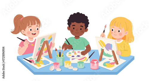 Happy diverse children enjoying a creative art class, painting colorful artwork with brushes and easels, fostering imagination, creativity, and skill development