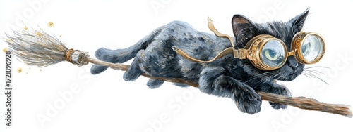 Watercolor black cat flying on broomstick with goggles with props