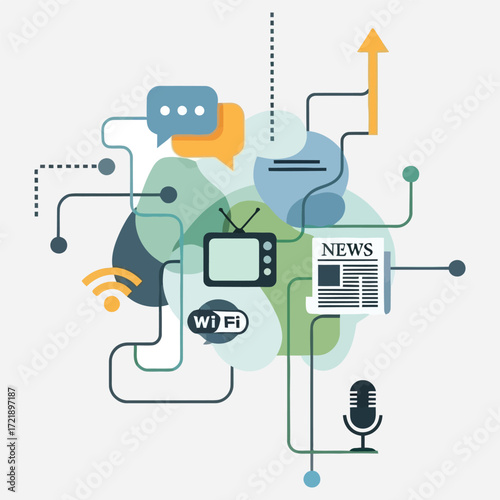 Abstract illustration of interconnected mass media, communication technology, and the global information network