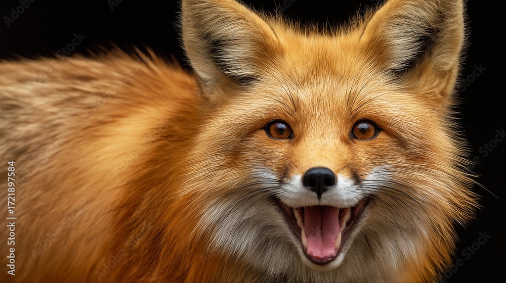 Fototapeta premium a captivating close-up portrait of a red fox displaying a joyful, open-mouthed expression against a dark background.