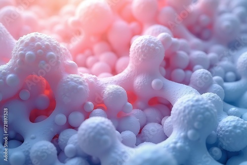 Abstract bioluminescent microscopic organisms with pink and blue hues