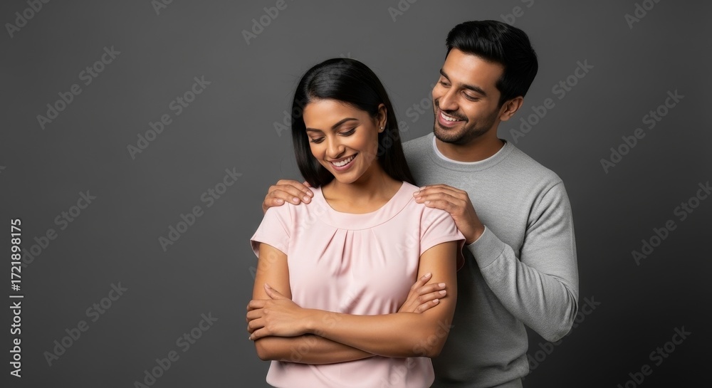 Obraz premium Man placing his hands on a woman's shoulders while she smiles in front of a gray background plane