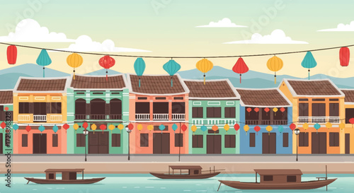 Colorful Hoi An Townscape with Boats, Lanterns, and Historic Buildings - A Vector Illustration in 88