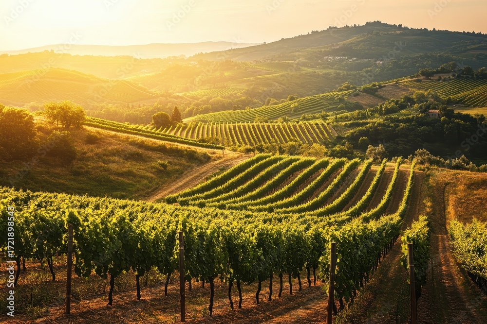 Fototapeta premium Scenic vineyard hills under golden sunlight