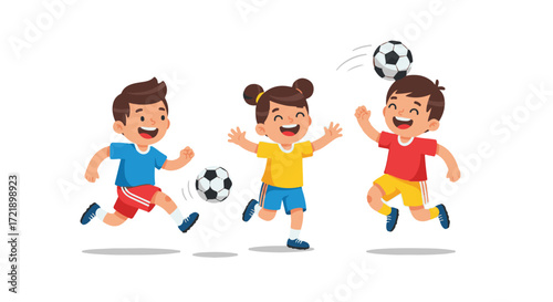 Cartoon Children Playfully Chasing Soccer Balls in Cheerful Outdoor Scene