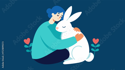 A person experiencing depression cuddling with a therapy rabbit feeling a sense of comfort and warmth as the soft and gentle animal provides emotional support during the session.. Vector illustration