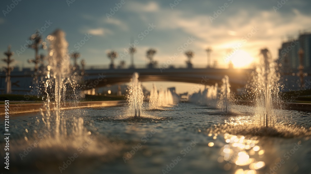 Fototapeta premium Fountains spray water as the sunlight reflects on the water. A bridge stands over the fountains while the fountains and water shimmer in the soft evening light.