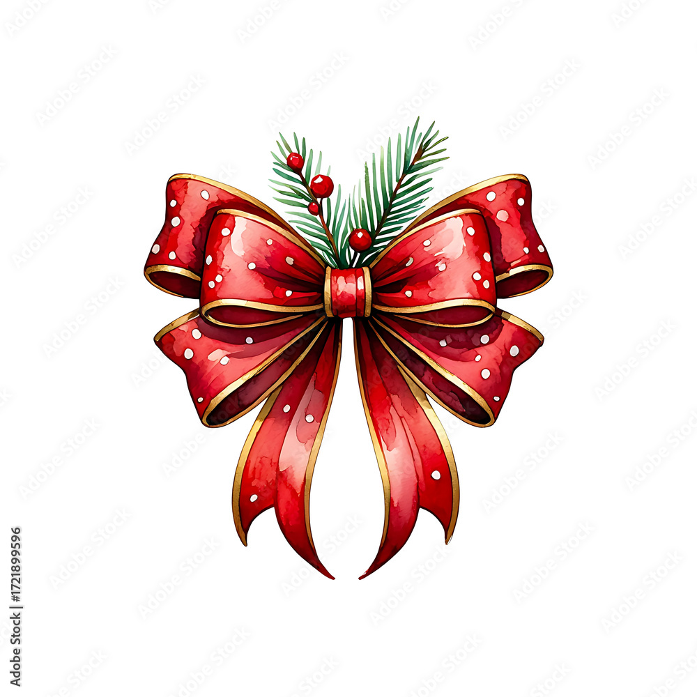 Fototapeta premium Festive Red Christmas Bow with Berries and Pine Needles Decoration Illustration for Holiday Season Celebrations