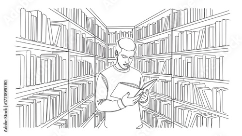 Continuous Black Line Drawing of Man Reading in Library – Minimalist Vector Illustration