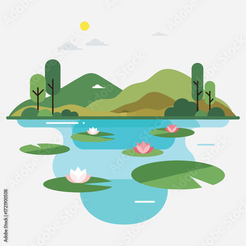 A serene illustration of a pond with water lilies, hills, and trees under a sunny sky