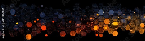 A digital network pattern composed of glowing hexagons, exhibiting a mix of orange, dark blue, and dark orange hues against a dark background.