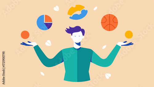 A person juggling multiple tasks representing the cognitive demands and struggles of everyday life and how CBT can help individuals manage and improve these skills.. Vector illustration