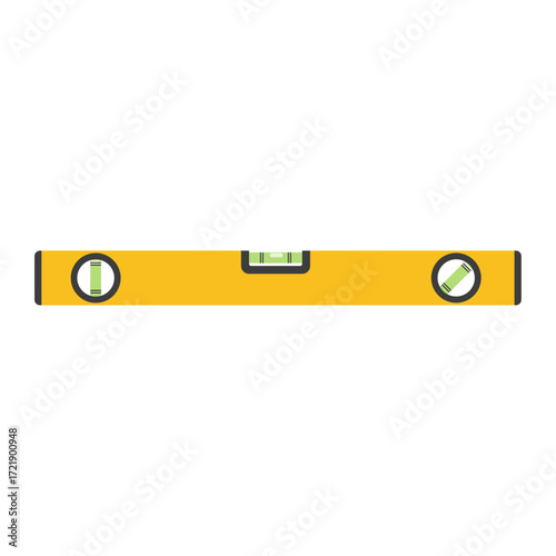 Bright yellow level tool perfectly aligned, horizontal with bubble indicators, isolated