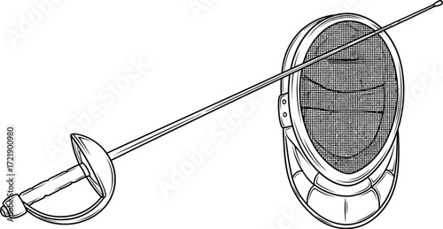 Fencing mask and foil on a plain background, competitive sport