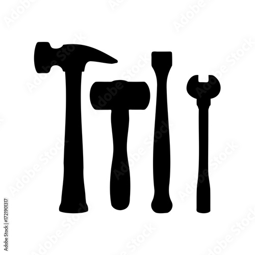 Black Silhouettes of Carpentry and Construction Tools on White Background