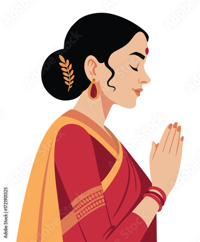 A Indian women wearing saree namaste pose Vector illustration.