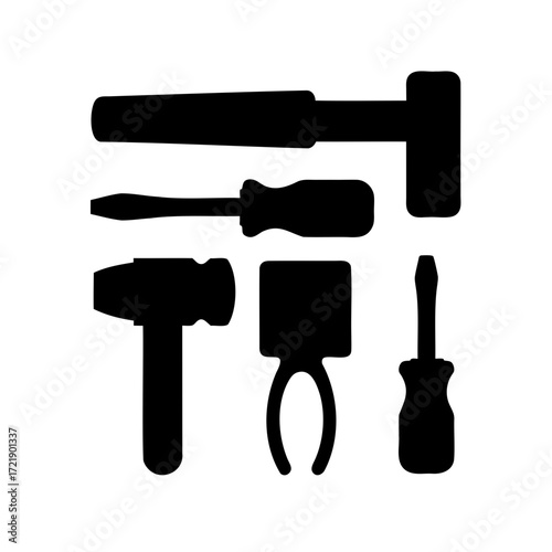 A black silhouette illustration of hand tools for home repair projects