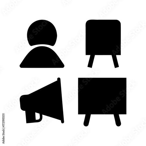 Black silhouette icons featuring a person, speaker, and two presentation boards