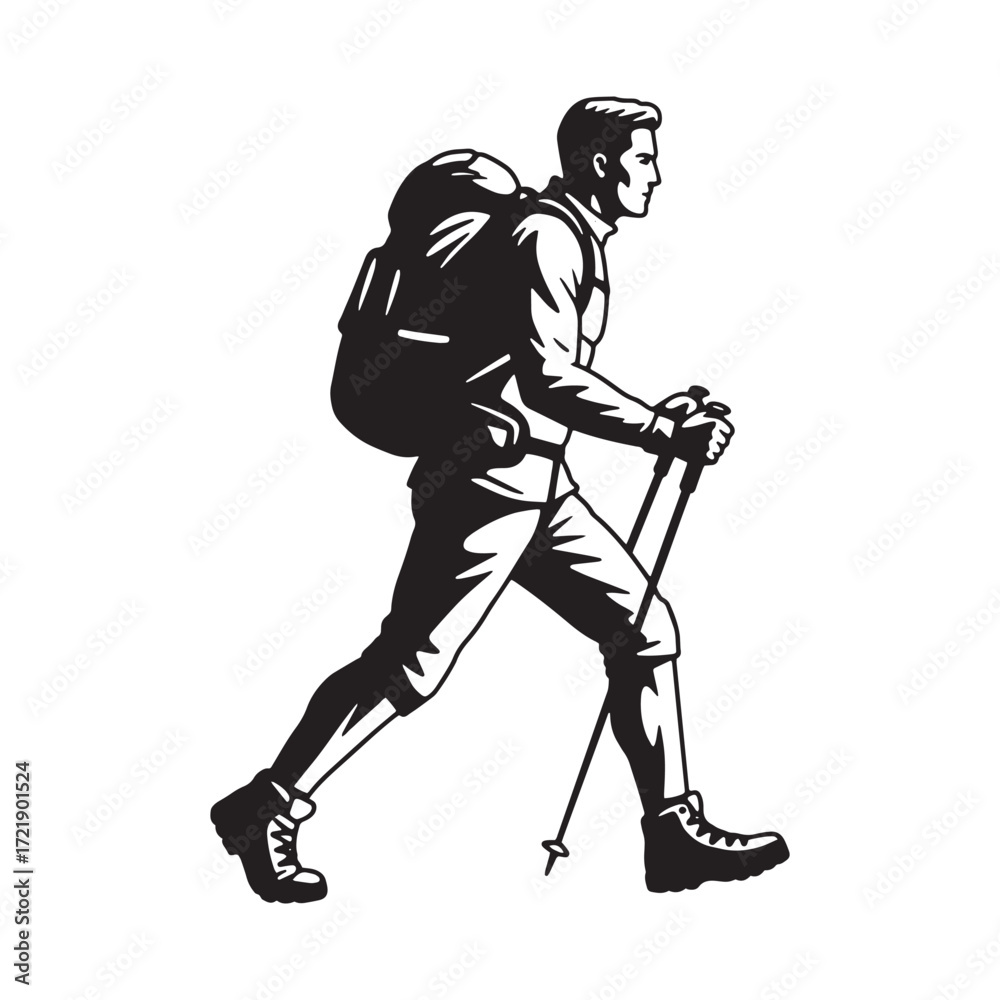 Obraz premium Detailed illustration of a hiker with backpack and poles