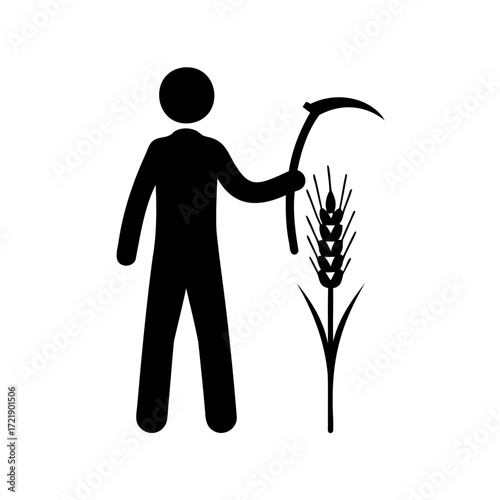 Black silhouette depicting a farmer with a scythe and wheat stalk