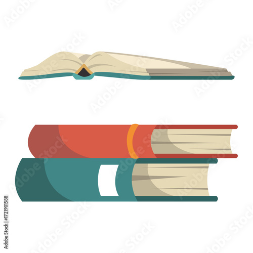 Books Stacked and Open Book Illustration for Knowledge and Education