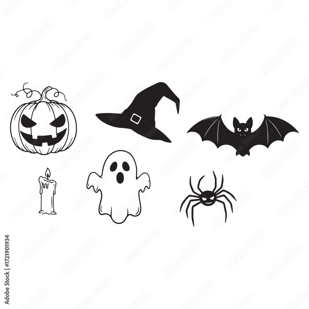 Fototapeta premium Halloween Icons Pumpkin Bat Ghost Spider and Candle