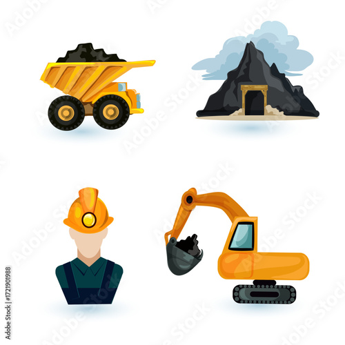 Set of essential vector icons illustrating industrial coal mining operations and heavy machinery