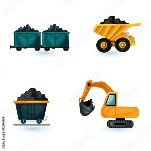 Cartoon Coal Mining Equipment Set with Wagons, Truck, and Excavator
